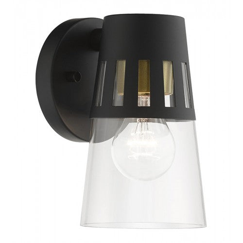 ##Antique Hardware## 1 Light Black Outdoor Small Wall Lantern with Soft Gold Finish Accents