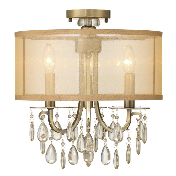 ##Antique Hardware## Hampton 3 Light Antique Brass Etruscan Crystal Drum Shade Semi Flush Mount