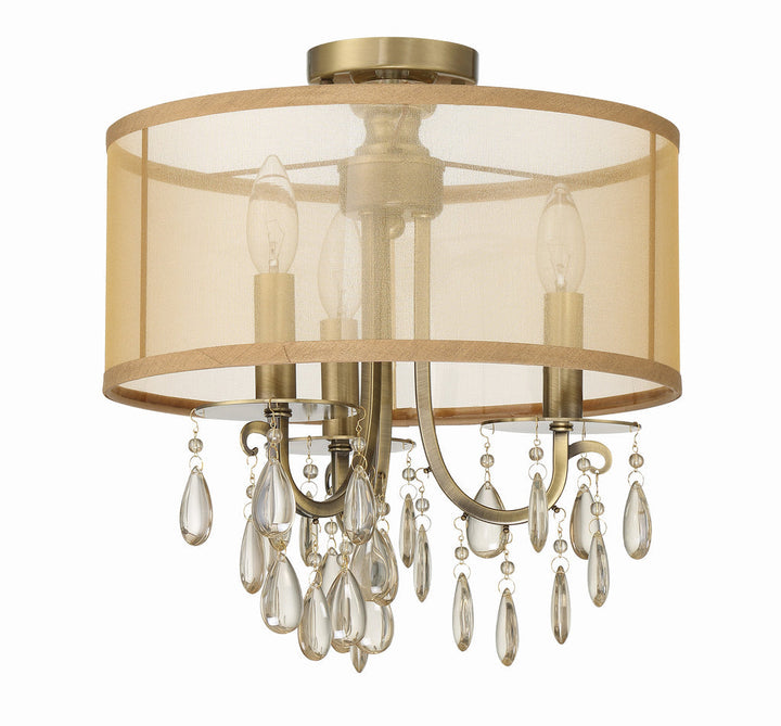 ##Antique Hardware## Hampton 3 Light Antique Brass Etruscan Crystal Drum Shade Semi Flush Mount