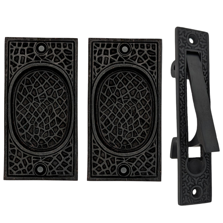 ##Antique Hardware## Arts & Crafts Pattern Pocket Door Set (Several Finishes Available)