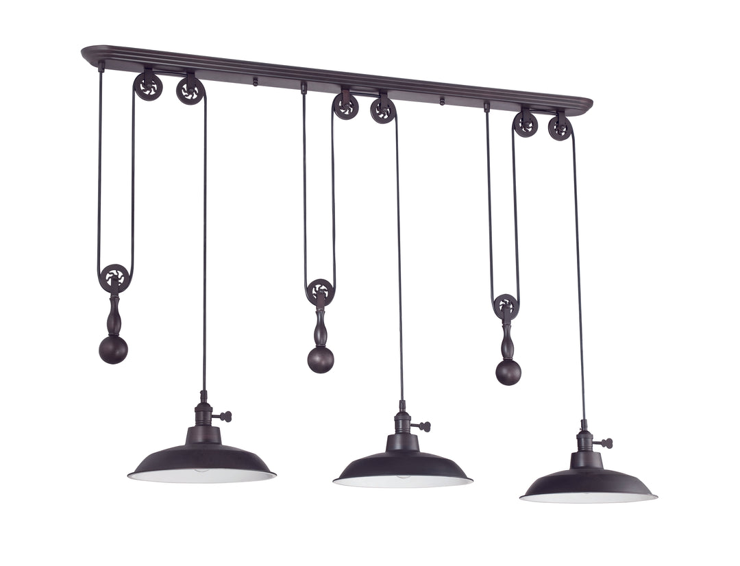 ##Antique Hardware## 3 Light Pulley Pendant in Aged Bronze