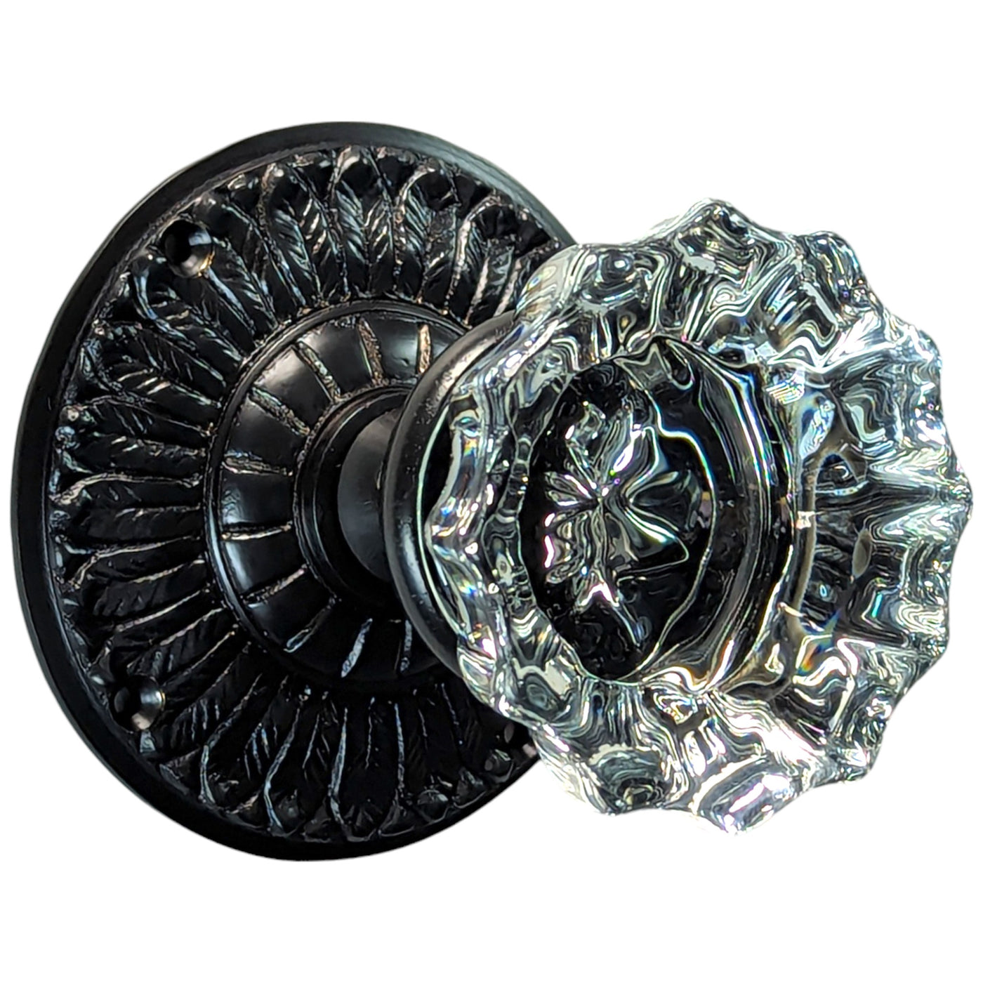 Feather Rosette Door Set with Fluted Crystal Door Knobs (Several Finishes Available)