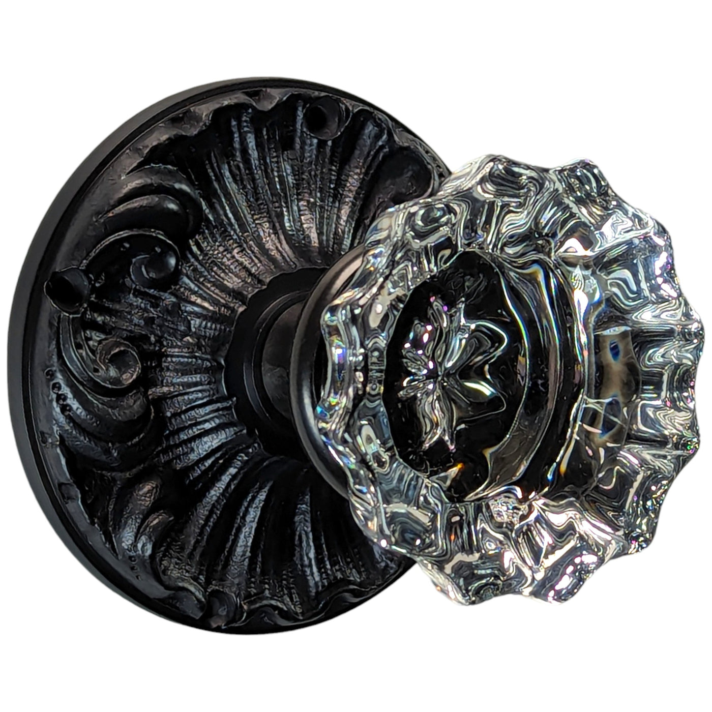 Romanesque Rosette Door Set with Fluted Crystal Door Knobs (Several Finishes Available)