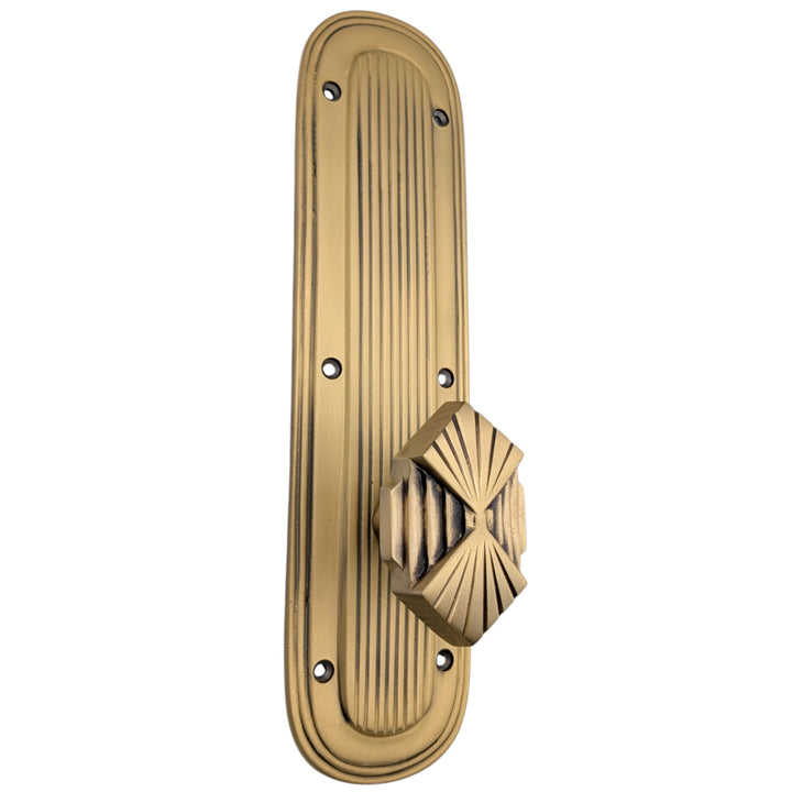 ##Antique Hardware## Art Deco Lined Backplate Door Set with Art Deco Fanfare Door Knobs (Several Finishes Available)