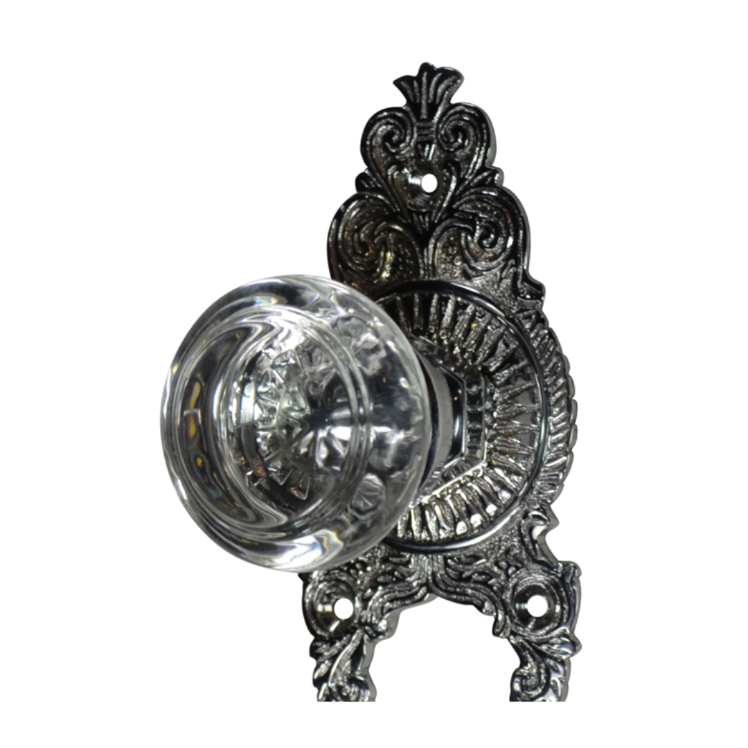 Ornate Victorian Rosette with Round Crystal Door Knobs (Several Finishes Available)