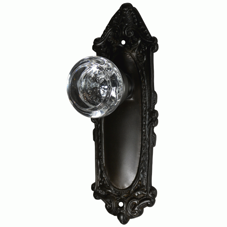 ##Antique Hardware## Ornate Victorian Long Backplate Door Set with Crystal Round Door Knobs (Several Finishes Available)