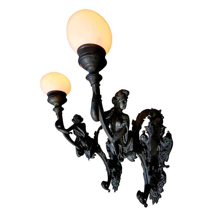 Antique Hardware 28 Inch Tall Pair Bronzed Heavy Sconces (Left/Right) with Shades