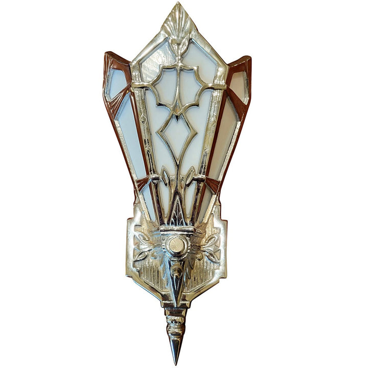 Antique Hardware 14 Inch Art Deco Stained Glass Shade White Opalescent Wall Sconce in Polished Chrome ART DECO LIGHTING