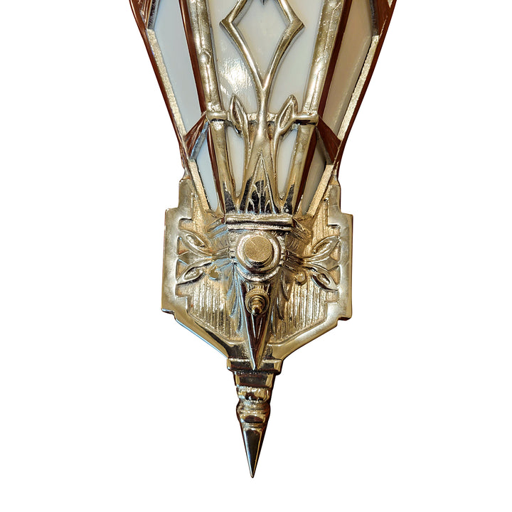 Antique Hardware 14 Inch Art Deco Stained Glass Shade White Opalescent Wall Sconce in Polished Chrome ART DECO LIGHTING
