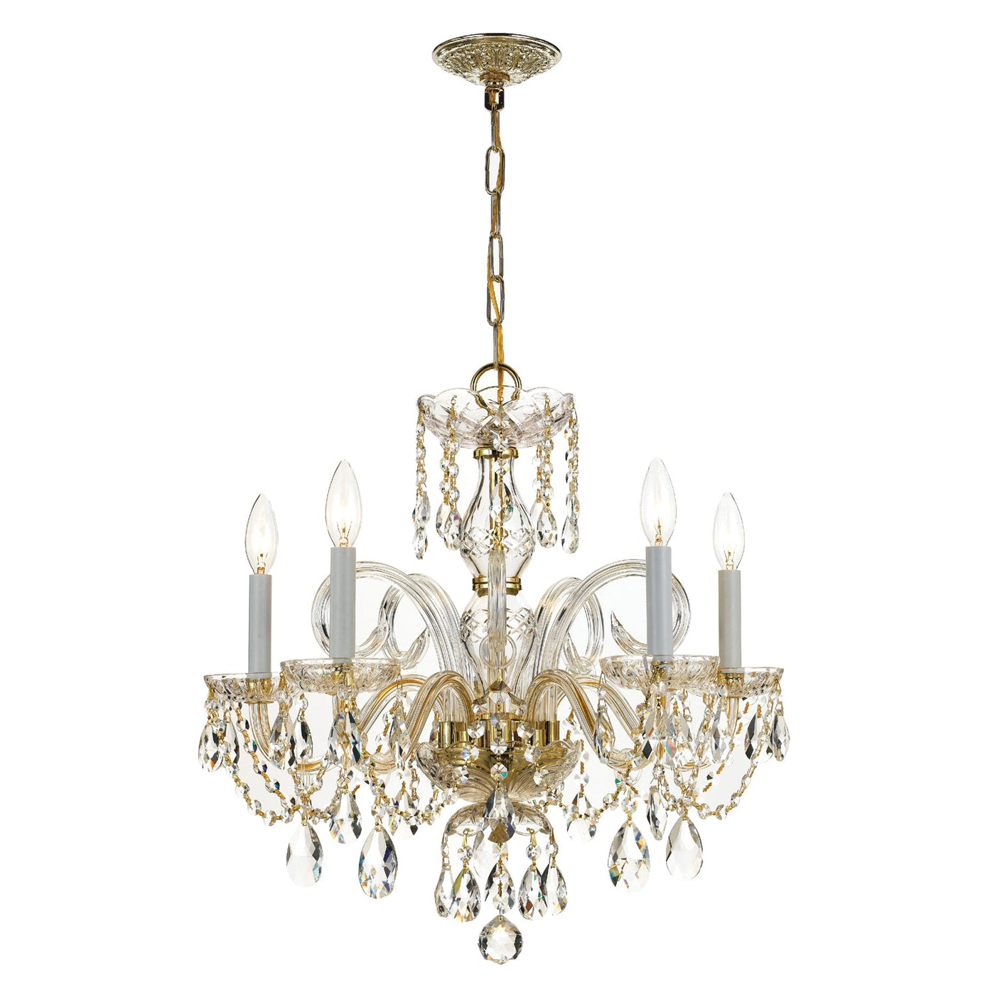 ##Antique Hardware## Traditional Crystal 5 Light Hand Cut Crystal Polished Brass Chandelier