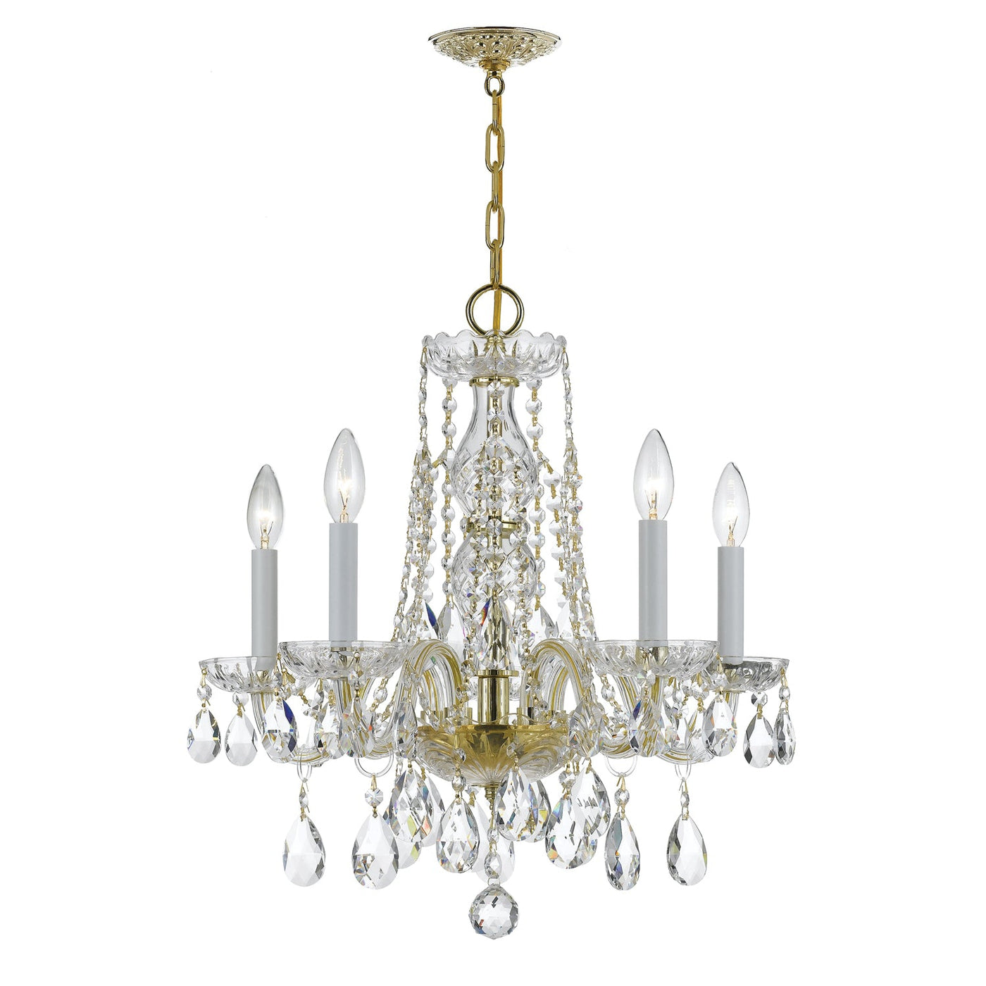 ##Antique Hardware## Traditional Crystal 5 Light Swarovski Strass Crystal Polished Brass Chandelier