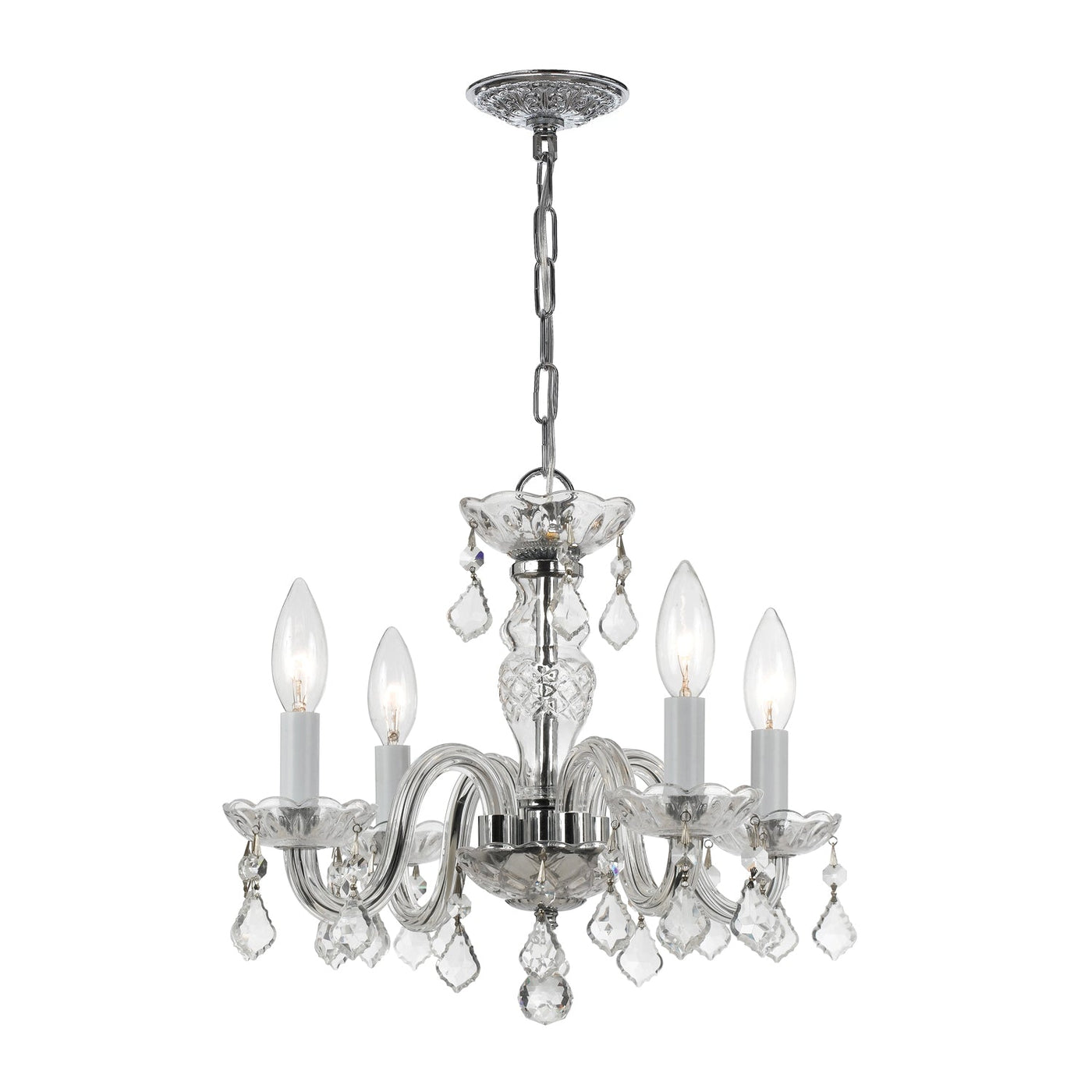 ##Antique Hardware## Traditional Crystal 4 Light Clear Italian Crystal Polished Chrome Mini Chandelier