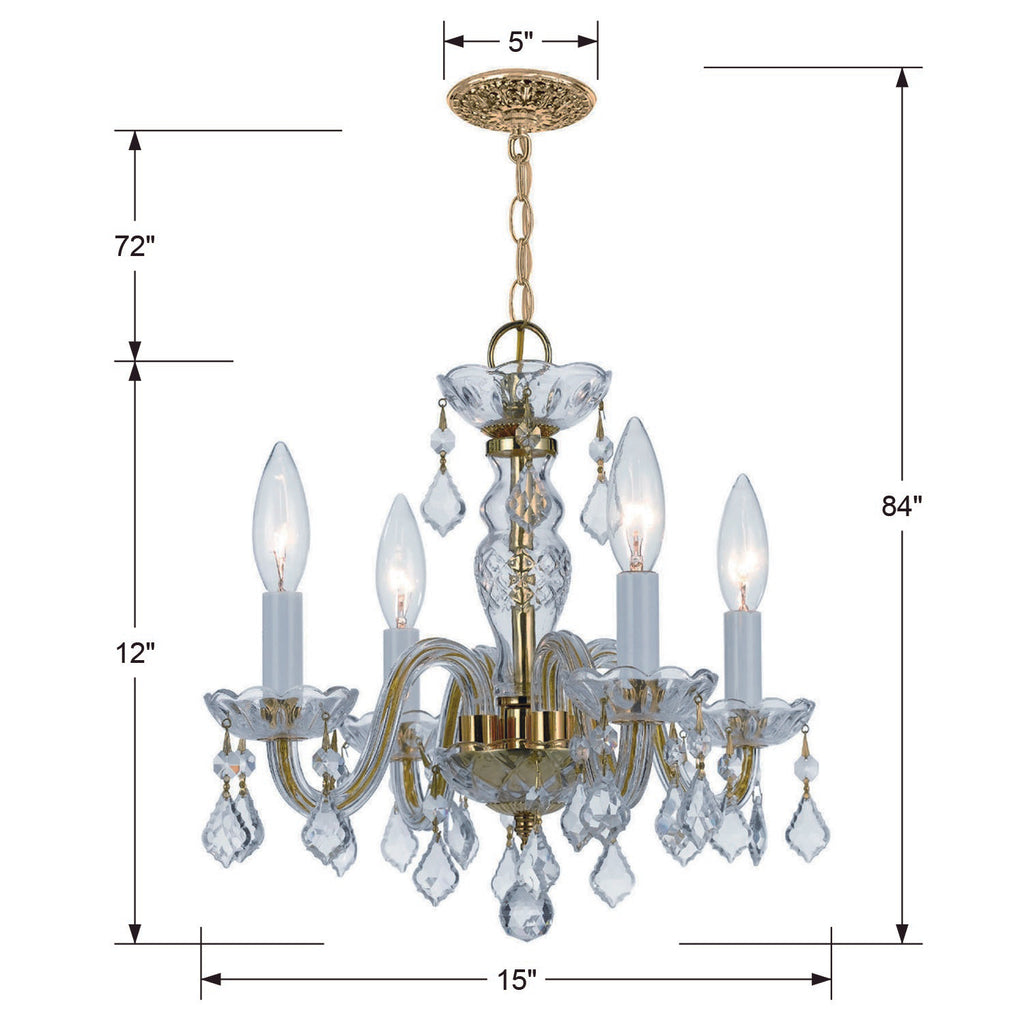 ##Antique Hardware## Traditional Crystal 4 Light Hand Cut Crystal Polished Brass Mini Chandelier