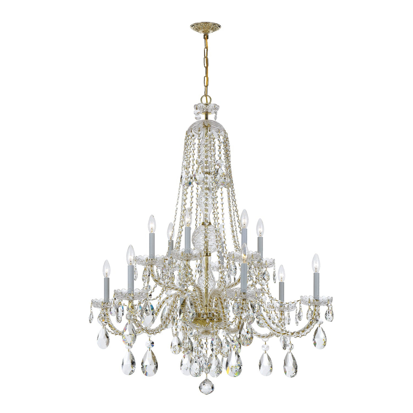 ##Antique Hardware## Traditional Crystal 12 Light Hand Cut Crystal Polished Brass Chandelier