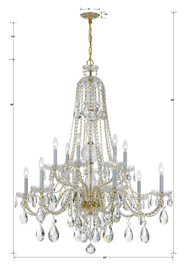 ##Antique Hardware## Traditional Crystal 12 Light Hand Cut Crystal Polished Brass Chandelier