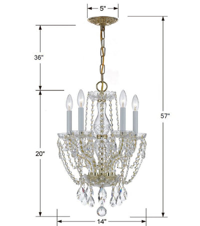 ##Antique Hardware## Traditional Crystal 5 Light Spectra Crystal Polished Brass Mini Chandelier