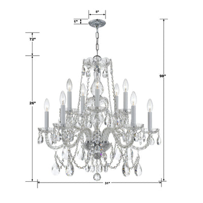 ##Antique Hardware## Traditional Crystal 12 Light Clear Italian Crystal Polished Chrome Chandelier