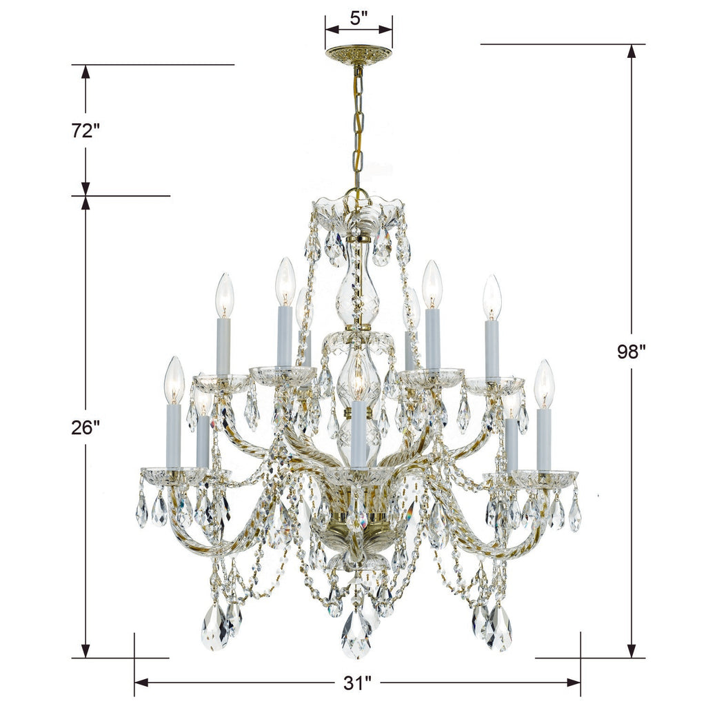 ##Antique Hardware## Traditional Crystal 12 Light Hand Cut Crystal Polished Brass Chandelier