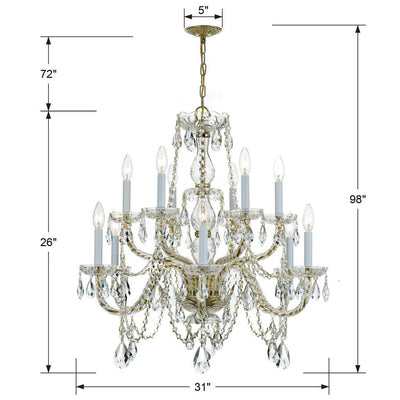 ##Antique Hardware## Traditional Crystal 12 Light Swarovski Strass Crystal Polished Brass Chandelier