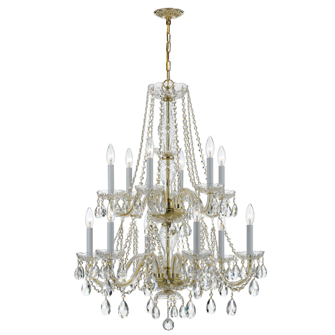 ##Antique Hardware## Traditional Crystal 12 Light Hand Cut Crystal Polished Brass Chandelier