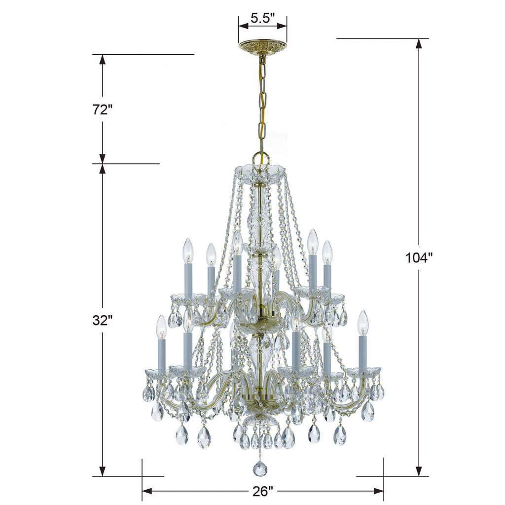 ##Antique Hardware## Traditional Crystal 12 Light Hand Cut Crystal Polished Brass Chandelier