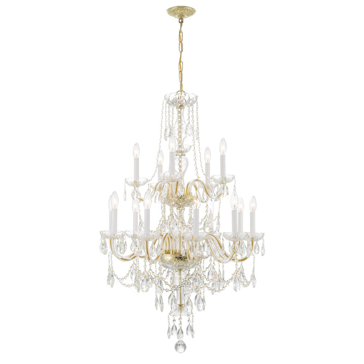 ##Antique Hardware## Traditional Crystal 15 Light Hand Cut Crystal Polished Brass Chandelier