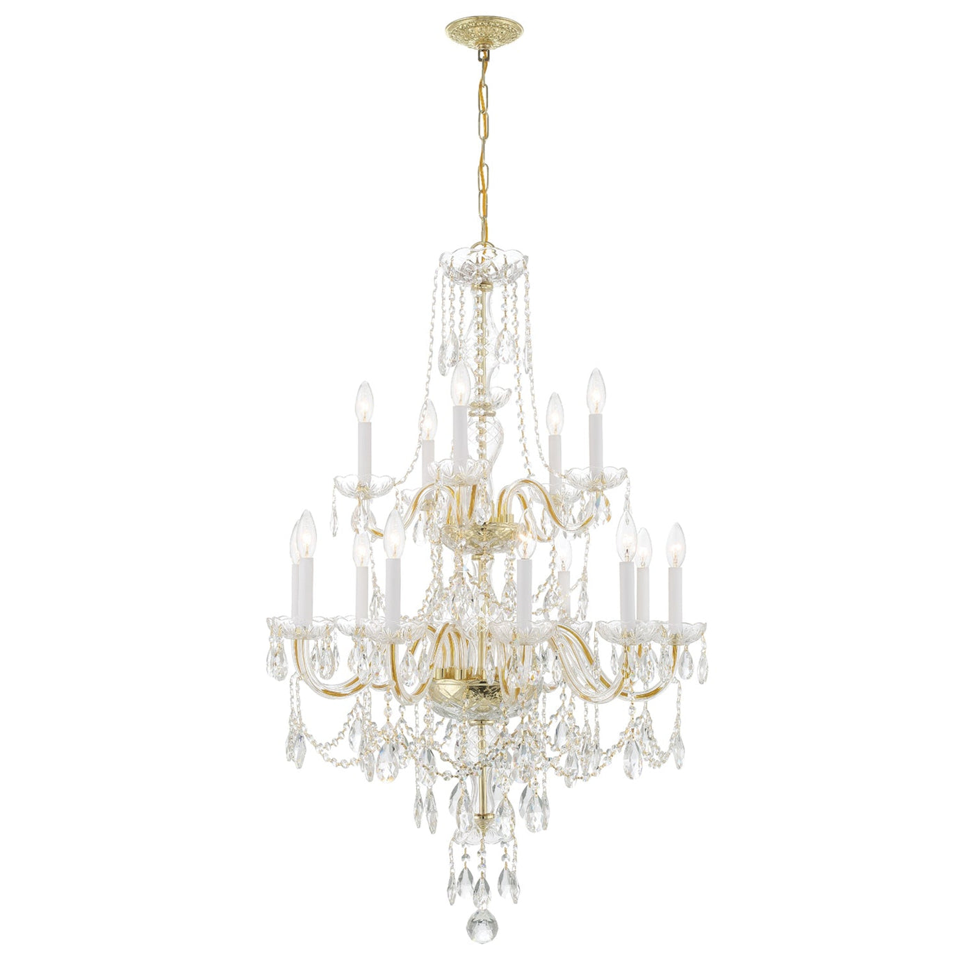 ##Antique Hardware## Traditional Crystal 15 Light Hand Cut Crystal Polished Brass Chandelier