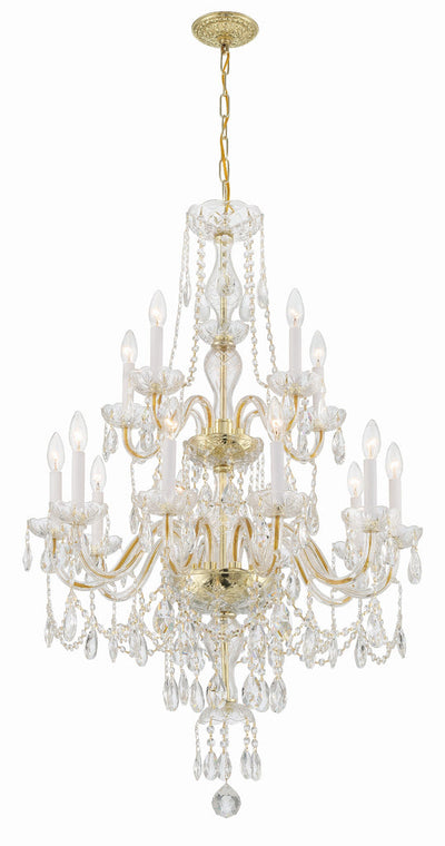 ##Antique Hardware## Traditional Crystal 15 Light Hand Cut Crystal Polished Brass Chandelier