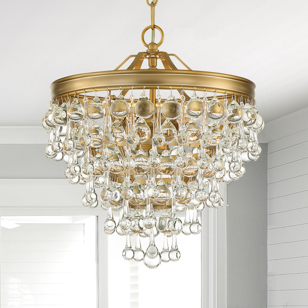 ##Antique Hardware## Calypso 3 Light Crystal Teardrop Vibrant Gold Mini Chandelier