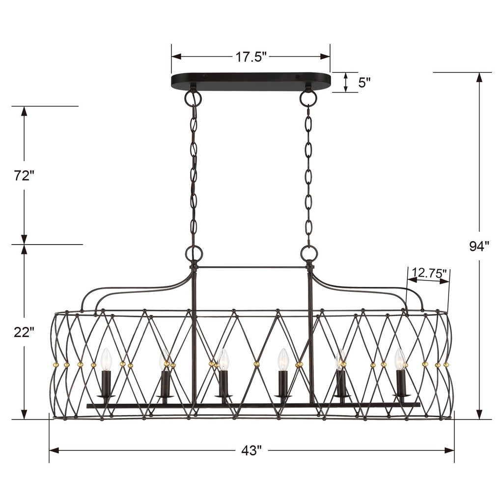 ##Antique Hardware## Zucca 6 Light English Bronze + Antique Gold Linear Chandelier