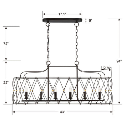 ##Antique Hardware## Zucca 6 Light English Bronze + Antique Gold Linear Chandelier