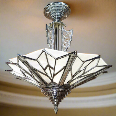 ##Antique Hardware## 17 Inch Classic Art Deco Close Ceiling Light with White Stained Glass (Polished Chrome Finish)