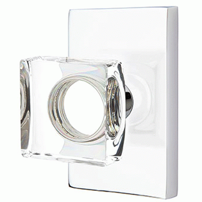 Antique Hardware Emtek Modern Square Crystal Door Knob Set With Modern Rectangular Rosette (Several Finish Options) EMTEK GLASS CRYSTAL MODERN SQUARE DOOR KNOB