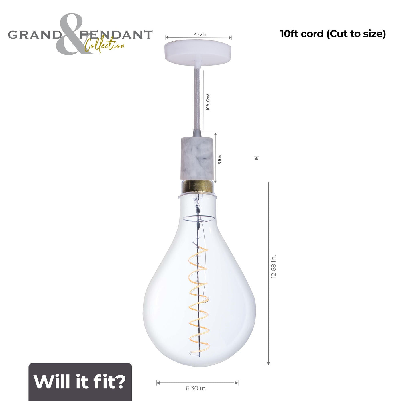 ##Antique Hardware## 4W LED Pear Shaped Grand 2200K Filament W/ White Marble Pendant With White String