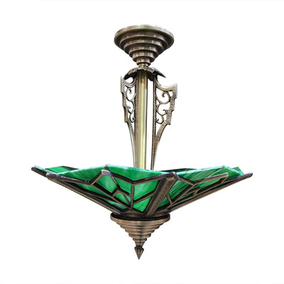 17 Inch Classic Art Deco Close Ceiling Light with Deco Green Glass (Antique Brass Finish)