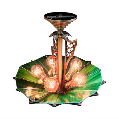 17 Inch Classic Art Deco Close Ceiling Light with Deco Green Glass (Antique Brass Finish)
