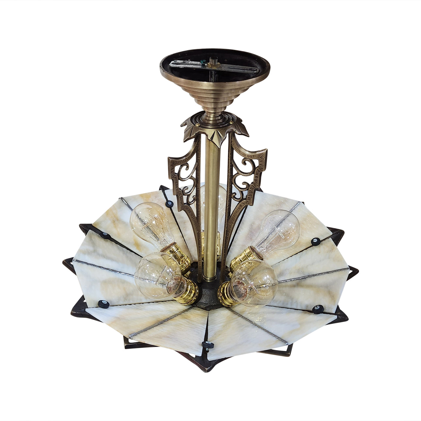 17 Inch Classic Art Deco Close Ceiling Light with Amber Glass (Antique Brass Finish)