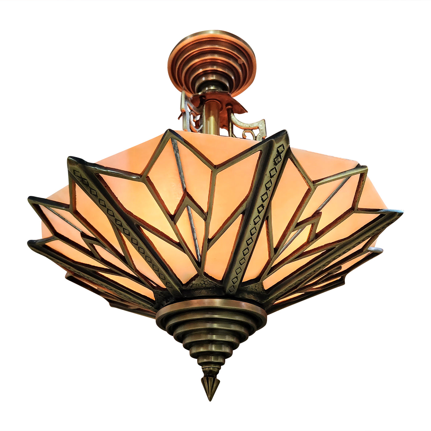 17 Inch Classic Art Deco Close Ceiling Light with Amber Glass (Antique Brass Finish)