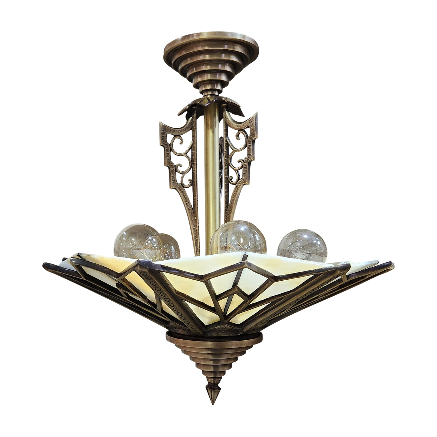 17 Inch Classic Art Deco Close Ceiling Light with Pink Champagne Glass (Antique Brass Finish)