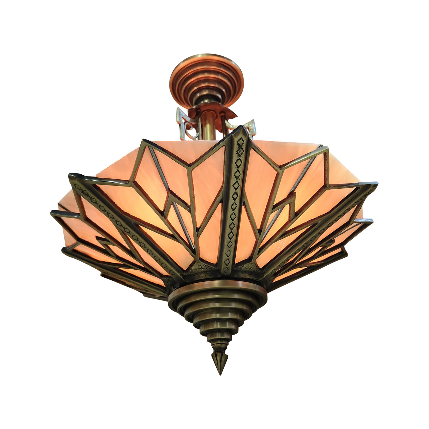 17 Inch Classic Art Deco Close Ceiling Light with Pink Champagne Glass (Antique Brass Finish)