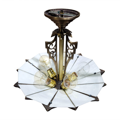 17 Inch Classic Art Deco Close Ceiling Light with White Stained Glass (Antique Brass Finish)