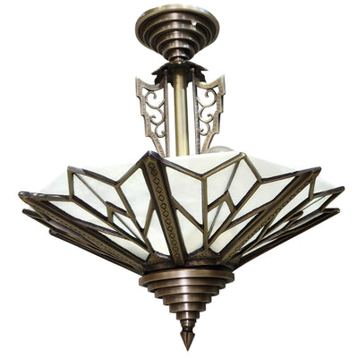 17 Inch Classic Art Deco Close Ceiling Light with White Stained Glass (Antique Brass Finish)