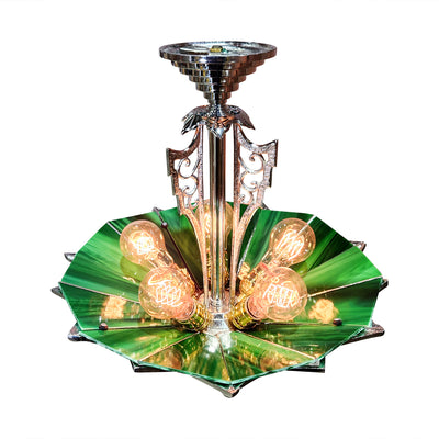 17 Inch Classic Art Deco Close Ceiling Light with Deco Green Glass (Polished Chrome Finish)