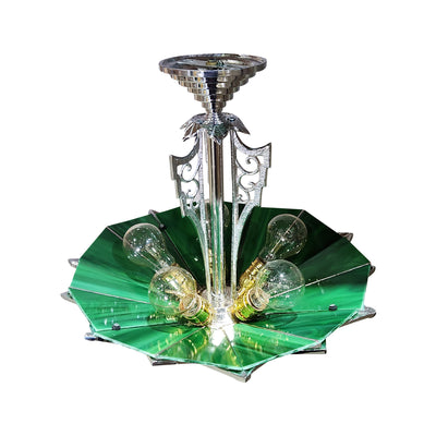 17 Inch Classic Art Deco Close Ceiling Light with Deco Green Glass (Polished Chrome Finish)