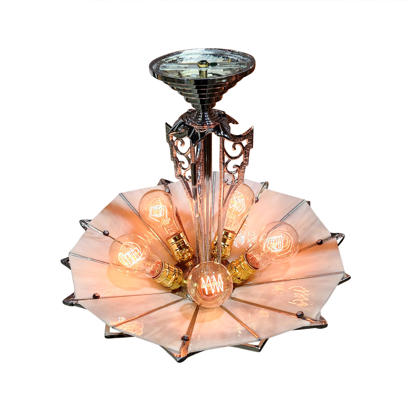 17 Inch Classic Art Deco Close Ceiling Light with Pink Champagne Glass (Polished Chrome Finish)