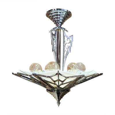 17 Inch Classic Art Deco Close Ceiling Light with White Stained Glass (Polished Chrome Finish)