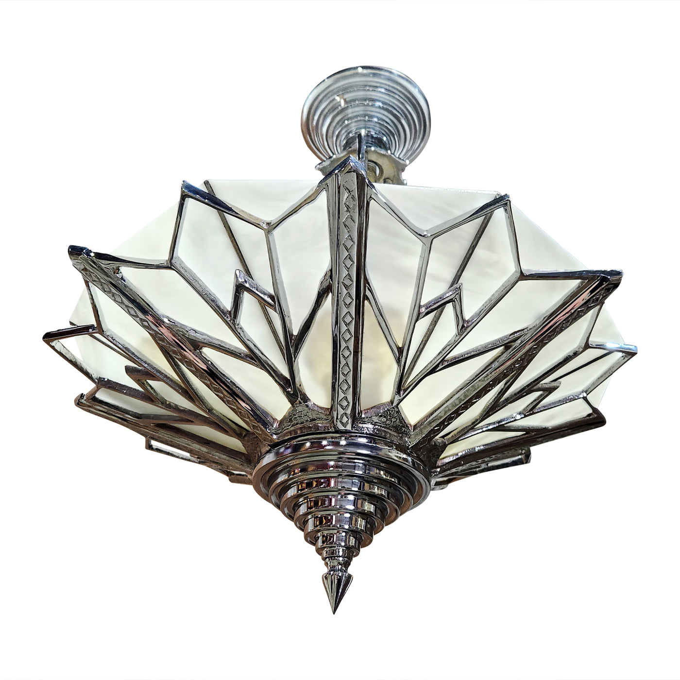 17 Inch Classic Art Deco Close Ceiling Light with White Stained Glass (Polished Chrome Finish)