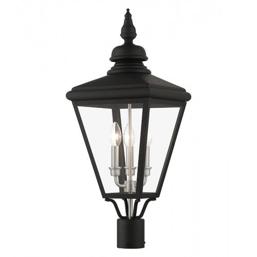 Antique Hardware 3 Light Black Outdoor Large Post Top Lantern with Brushed Nickel Finish Cluster Post
