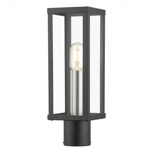 ##Antique Hardware## 1 Light Black Outdoor Post Top Lantern with Brushed Nickel Finish Accents