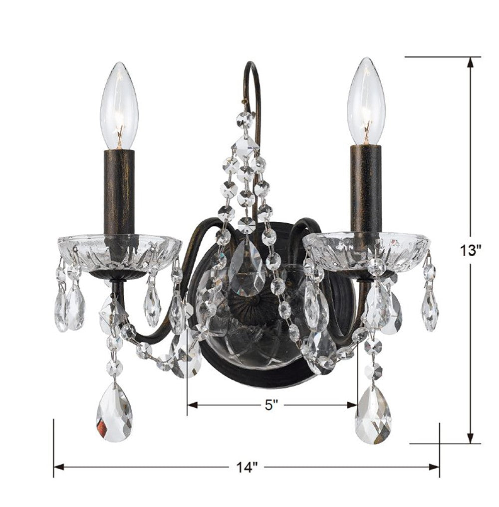 ##Antique Hardware## Butler 2 Light Hand Cut Crystal English Bronze Sconce